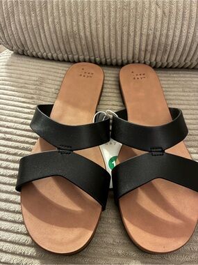 a new day Black Double-Strap Slide Sandals with Tan Footbed